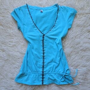 Y2K Blue Beaded V-Neck Top with Fitted Waist Size Medium